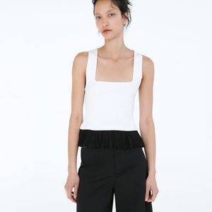 NWT Zara contrast white tank top black pleated hem Size S